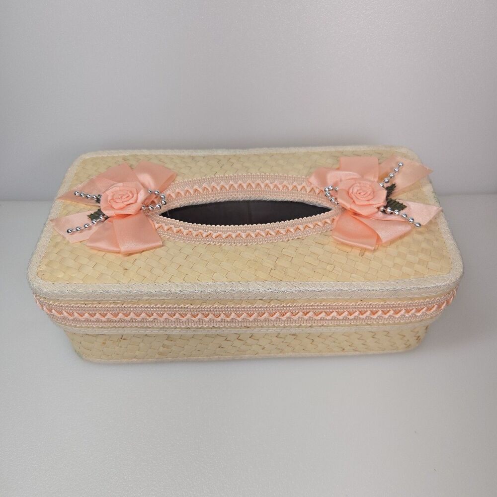 VTG Woven Tissue Box Cover Peach Ribbon Roses Cottagecore Bathroom Decor Grandma